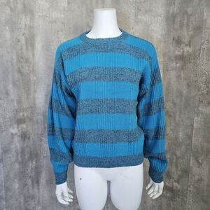 Vintage‎ 80s Esprit Campus Blue Grey Striped Acrylic Knit Pullover Sweater